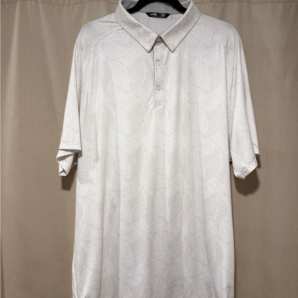 UNRL Men's White Palm Pattern Polo Shirt